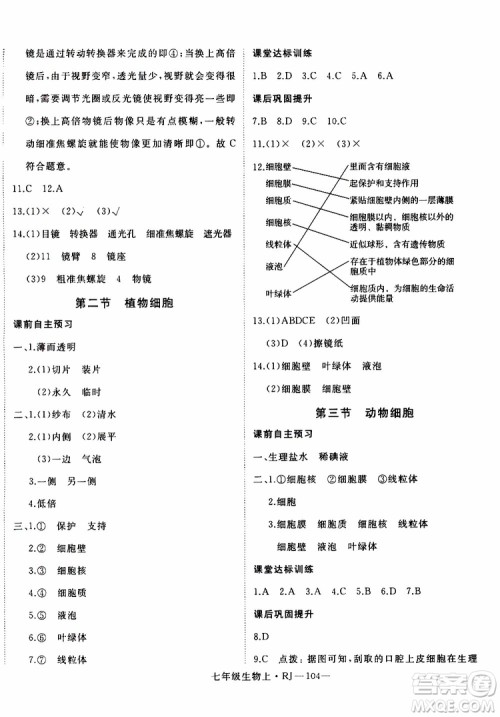 2019秋优翼丛书学练优生物七年级上RJ人教版参考答案