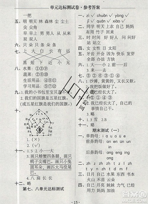 2019年秋新版黄冈随堂练一年级语文上册人教版答案