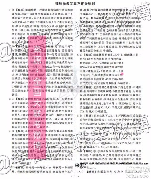 四省八校2020届高三第一次教学质量检测考试理科综合答案 四省八校2020届高三第一次教学质量检测考试理科综合答案