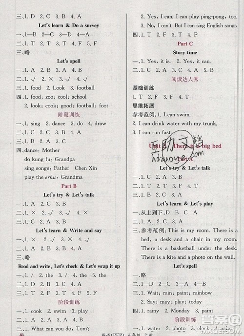 2019年秋人教版同步导学案课时练五年级英语上册答案