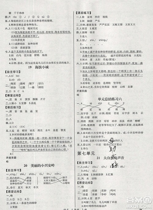 2019年秋人教版河北专版同步导学案课时练三年级语文上册答案