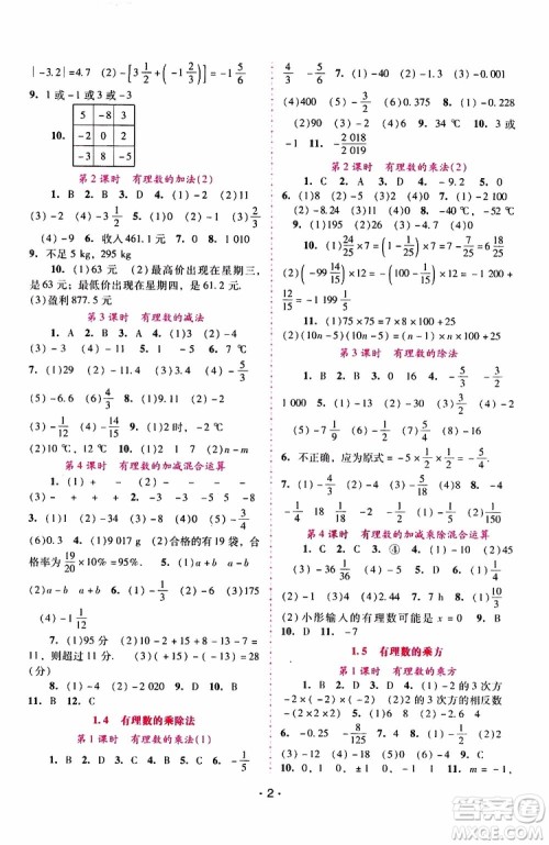 2019年新课程学习辅导数学七年级上册人教版参考答案