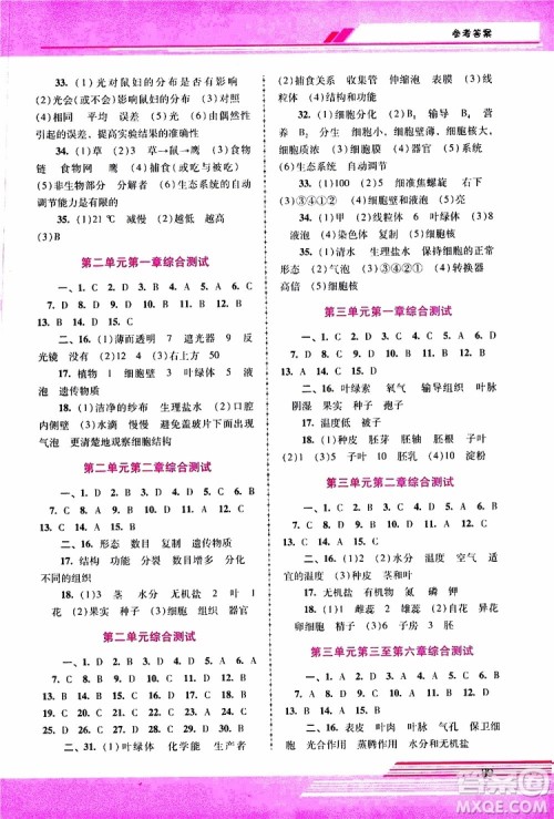 2019年新课程学习辅导生物学七年级上册统编版参考答案