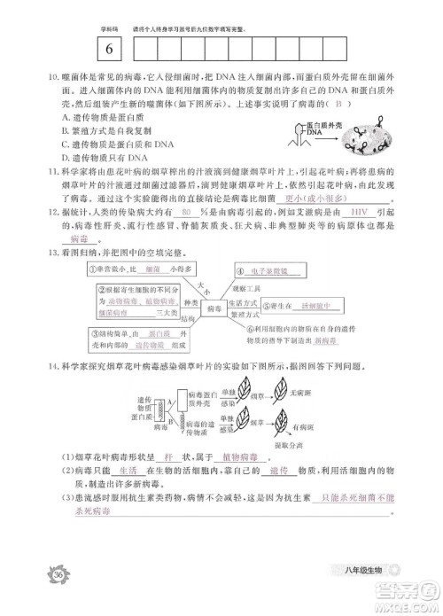 江西教育出版社2019生物作业本八年级上册河北少儿版答案