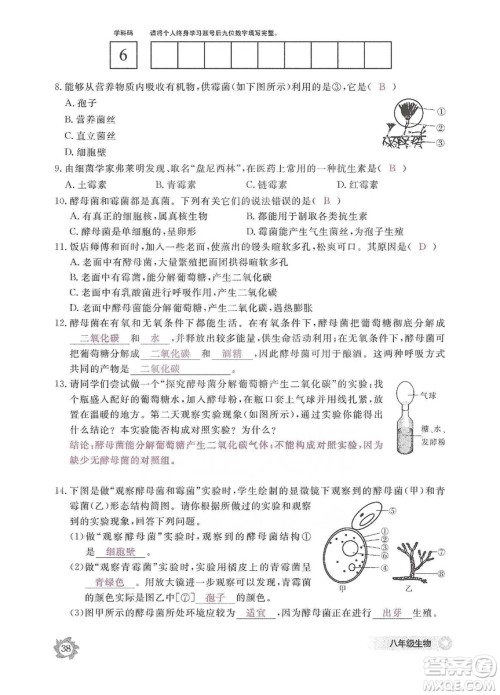 江西教育出版社2019生物作业本八年级上册河北少儿版答案