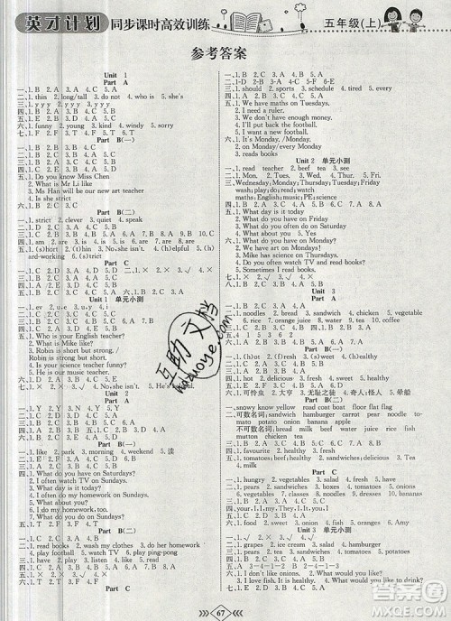 2019年人教版英才计划同步课时高效训练五年级英语上册答案