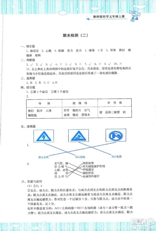 湖南少年儿童出版社2019课程基础训练五年级上册科学湘科版答案