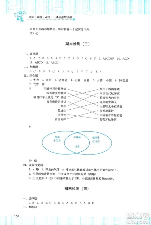 湖南少年儿童出版社2019课程基础训练五年级上册科学湘科版答案