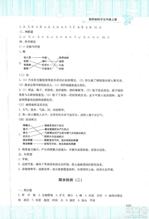 湖南少年儿童出版社2019课程基础训练五年级上册科学教科版答案 湖南少年儿童出版社2019课程基础训练五年级上册科学教科版答案
