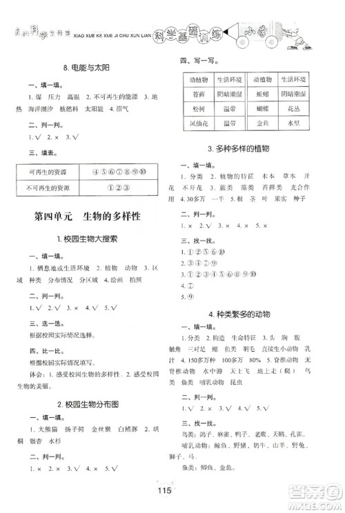 山东教育出版社2019小学基础训练六年级科学上册教科版答案