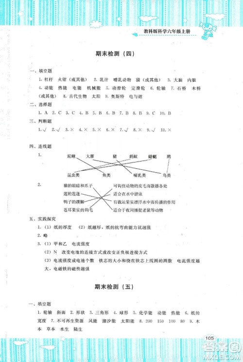 湖南少年儿童出版社2019课程基础训练六年级上册科学教科版答案