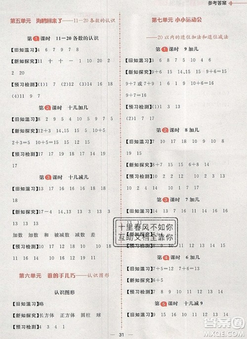 南方出版社2019年青岛版五四制核心素养天天练一年级数学上册答案