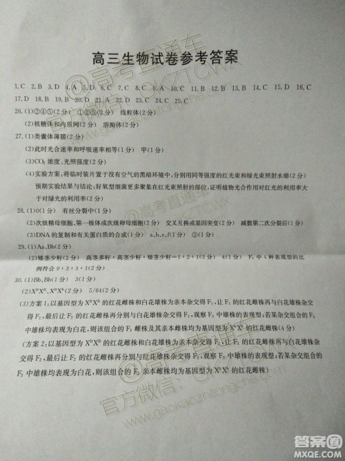 2020届山西金太阳10月第二次联考生物试题及参考答案