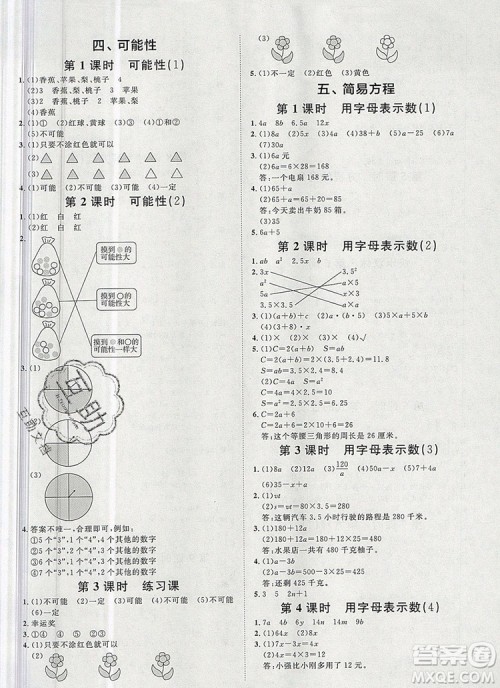 2019秋季阳光计划第一步五年级上册数学人教版答案 2019秋季阳光计划第一步五年级上册数学人教版答案