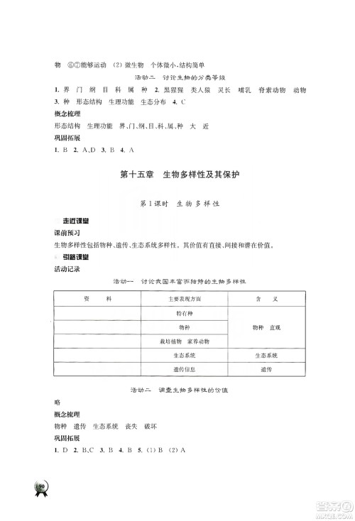 江苏人民出版社2019伴你学八年级上册生物学苏科版答案