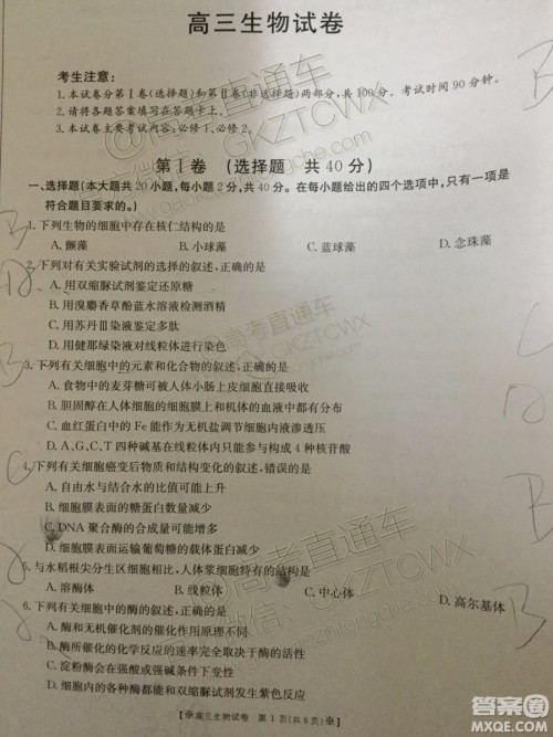 2020届陕西金太阳高三10月联考生物试题及参考答案 2020届陕西金太阳高三10月联考生物试题及参考答案