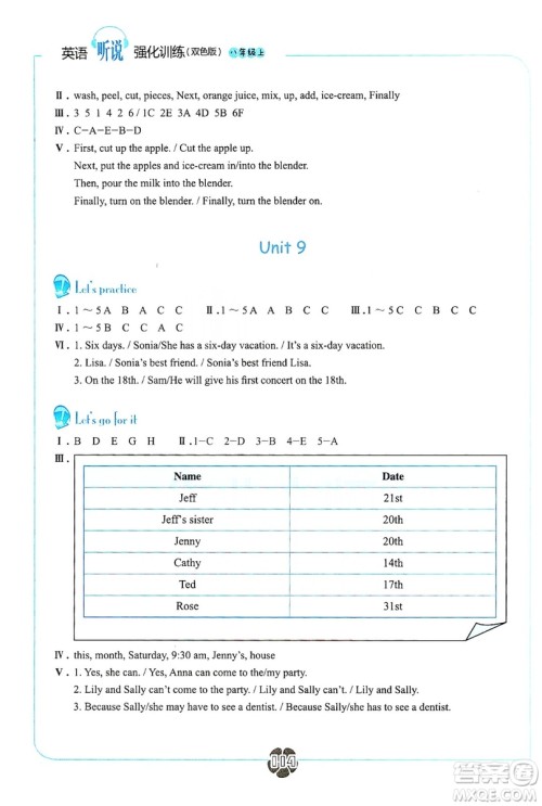 浙江教育出版社2019英语听说强化训练八年级上册人教版双色版答案