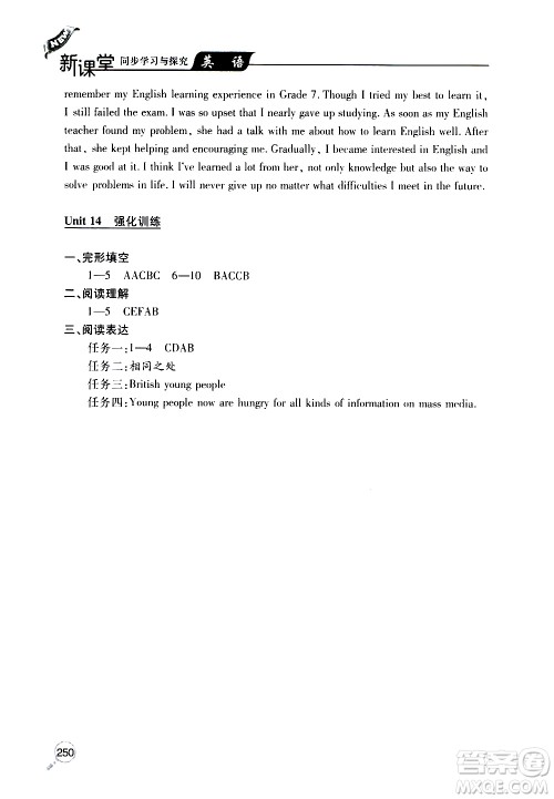 2019年新课堂同步学习与探究英语九年级全一册人教版参考答案