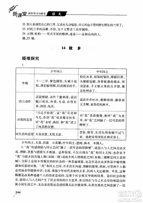 2019年新课堂同步学习与探究语文九年级上学期人教版参考答案