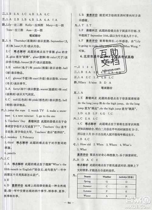 2019年北京市真题圈小学试卷真卷三步练三年级英语上册答案