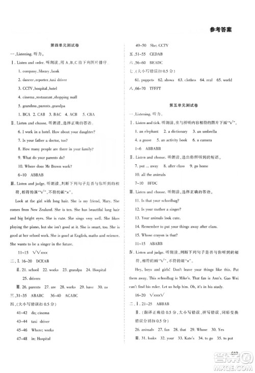 天津教育出版社2019学习质量监测五年级英语上册人教版答案 天津教育出版社2019学习质量监测五年级英语上册人教版答案