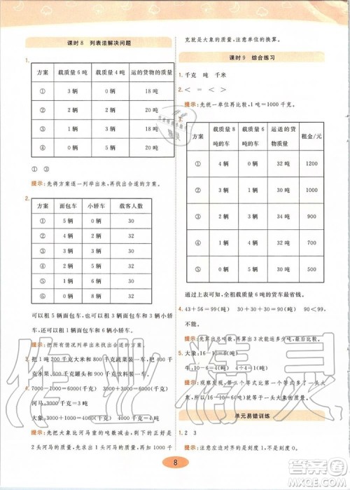 2019年黄冈同步训练数学三年级上册人教版参考答案