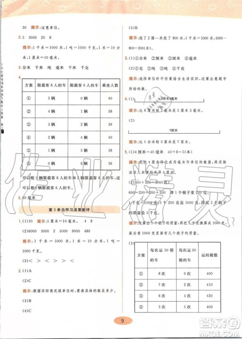 2019年黄冈同步训练数学三年级上册人教版参考答案