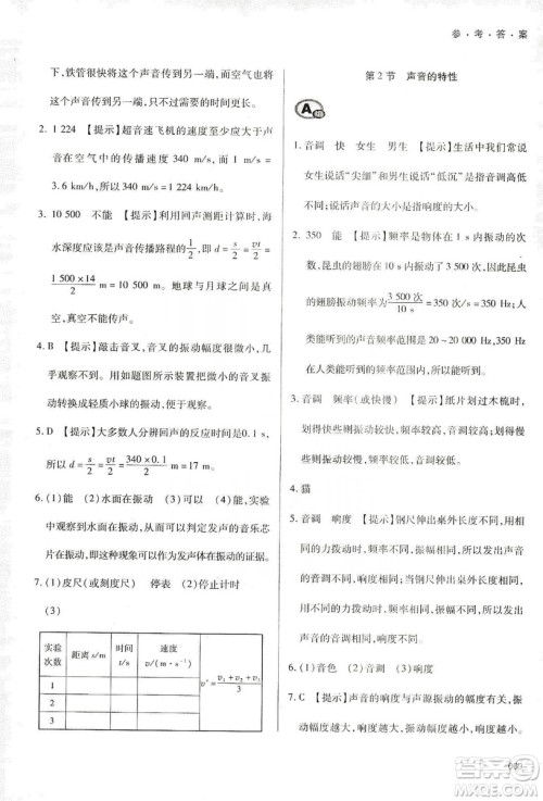 天津教育出版社2019学习质量监测八年级物理上册人教版答案