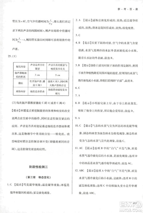 天津教育出版社2019学习质量监测八年级物理上册人教版答案