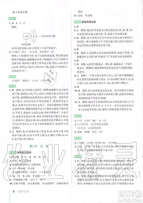 2019年PASS绿卡图书教材搭档化学八年级全一册鲁教版五四制参考答案