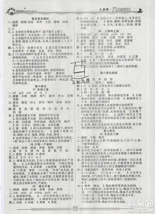 阳光出版社2019年一通百通课时小练六年级语文上册人教版答案