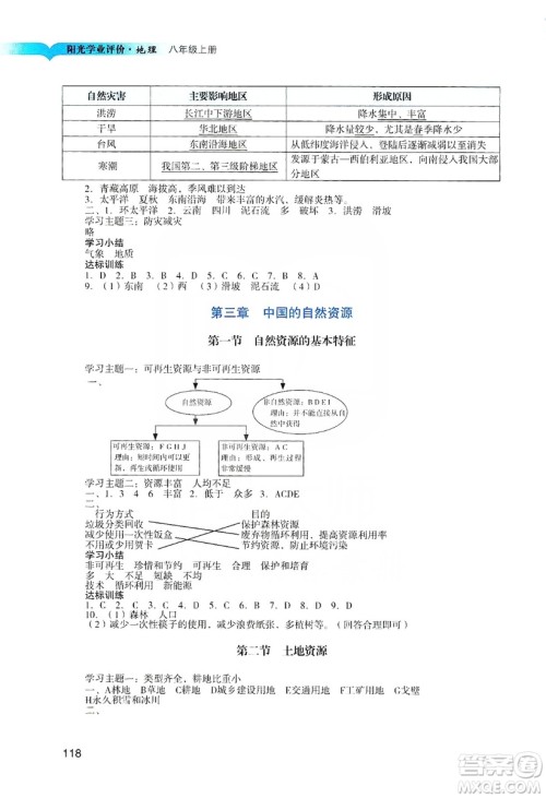 广州出版社2019阳光学业评价地理八年级上册人教版答案