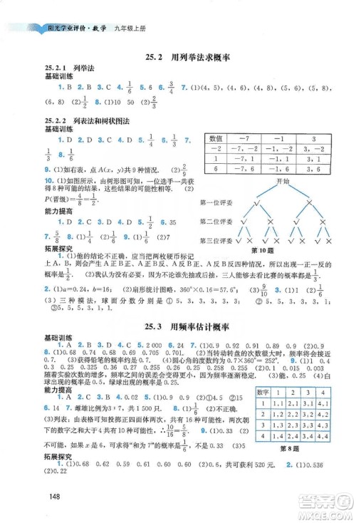 广州出版社2019阳光学业评价数学九年级上册人教版答案