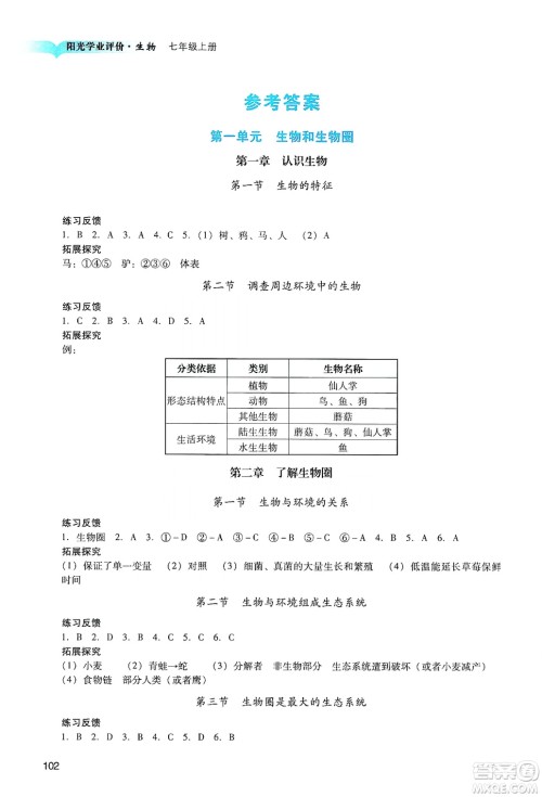 广州出版社2019阳光学业评价七年级生物上册人教版答案 广州出版社2019阳光学业评价七年级生物上册人教版答案