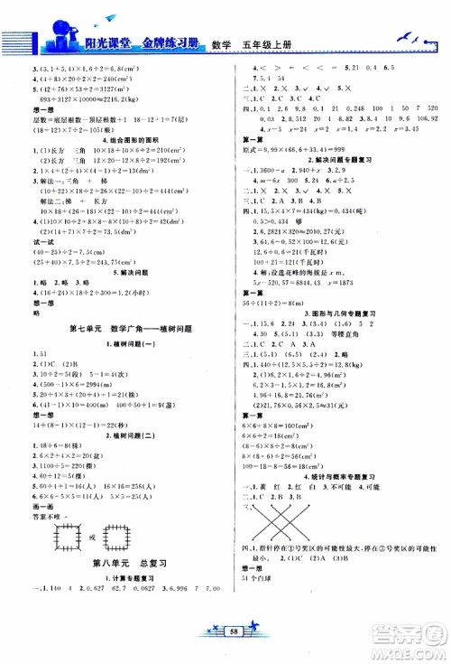 人民教育出版社2019年阳光课堂金牌练习册数学五年级上册人教版参考答案