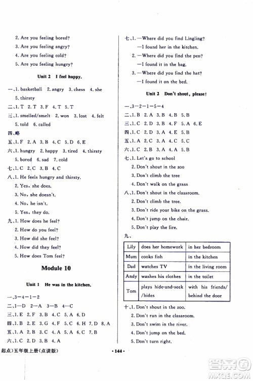 外语教学与研究出版社2019年阳光课堂点读版英语五年级上册外研版参考答案