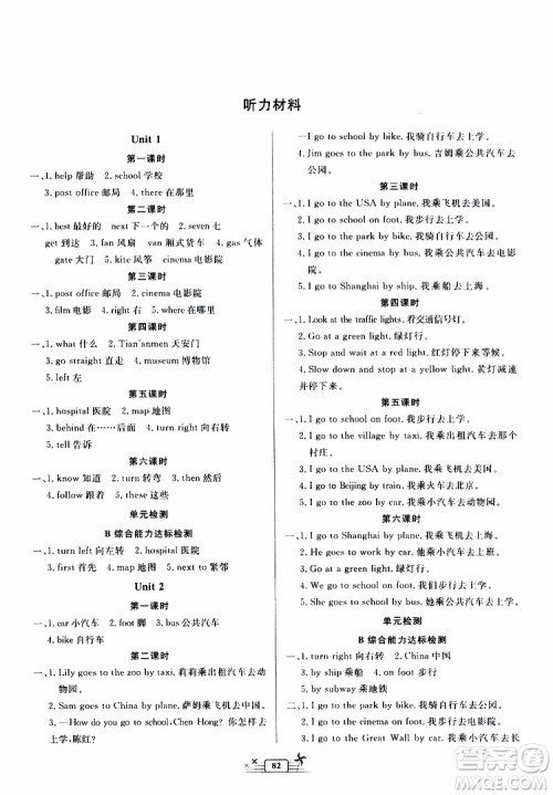 人民教育出版社2019年阳光课堂金牌练习册英语六年级上册人教版参考答案
