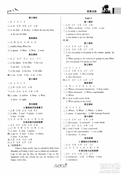 人民教育出版社2019年阳光课堂金牌练习册英语六年级上册人教版参考答案
