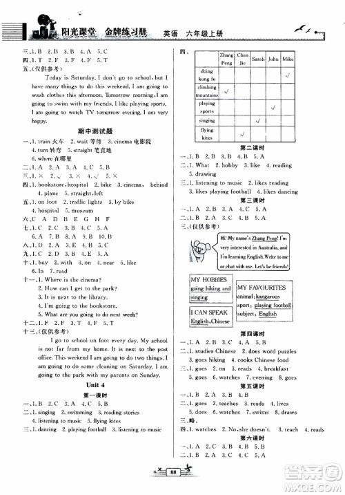 人民教育出版社2019年阳光课堂金牌练习册英语六年级上册人教版参考答案
