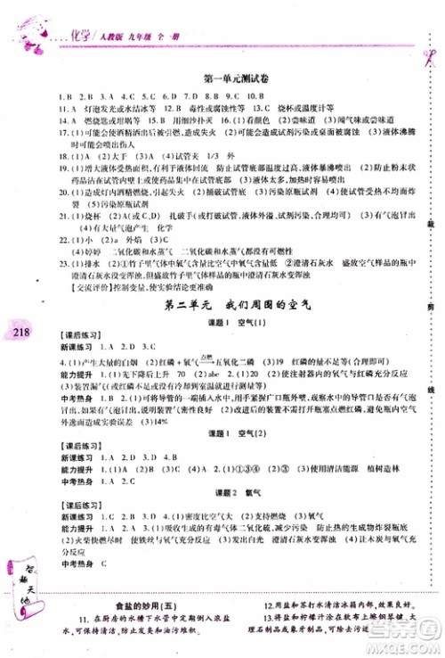 2019年新课程新练习化学九年级全一册人教版参考答案