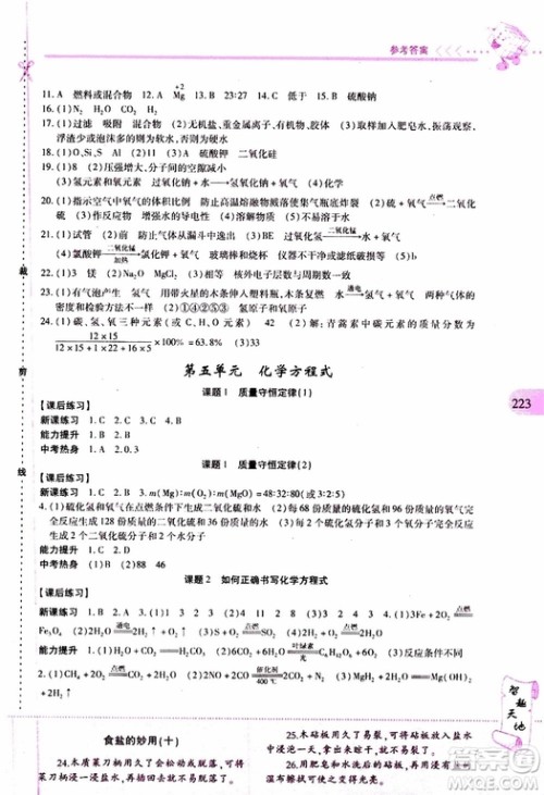 2019年新课程新练习化学九年级全一册人教版参考答案