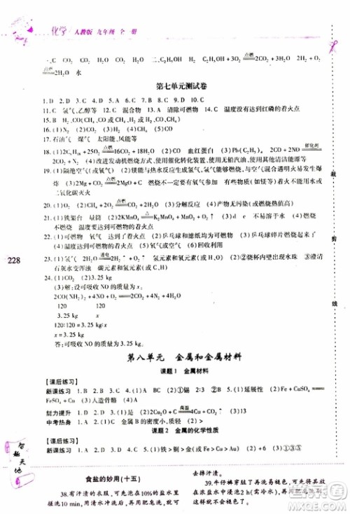 2019年新课程新练习化学九年级全一册人教版参考答案