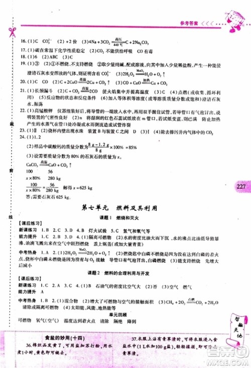 2019年新课程新练习化学九年级全一册人教版参考答案