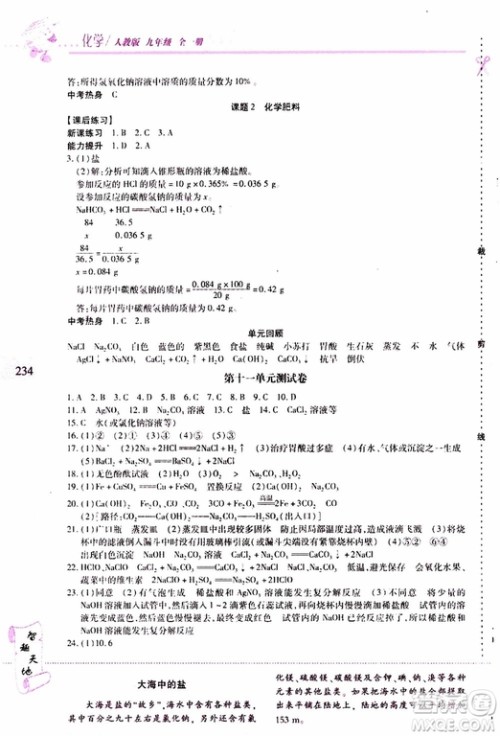 2019年新课程新练习化学九年级全一册人教版参考答案