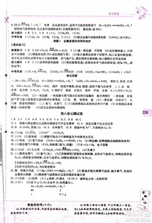 2019年新课程新练习化学九年级全一册人教版参考答案