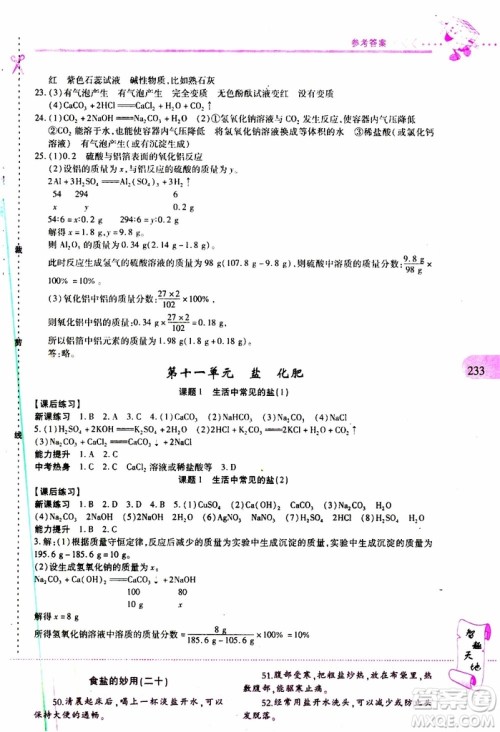 2019年新课程新练习化学九年级全一册人教版参考答案