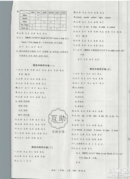 江西人民出版社2019年王朝霞考点梳理时习卷三年级英语上册人教版答案