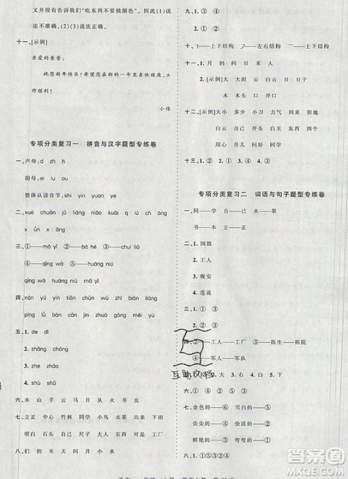 江西人民出版社2019年王朝霞考点梳理时习卷一年级语文上册人教版答案 江西人民出版社2019年王朝霞考点梳理时习卷一年级语文上册人教版答案