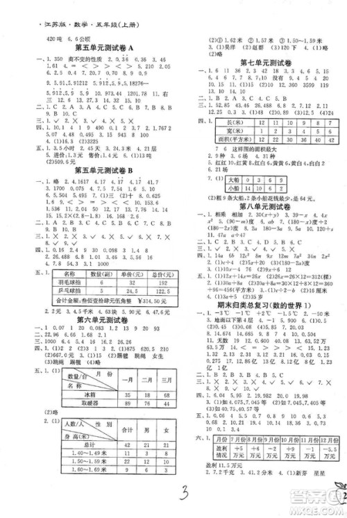 东南大学出版社2019江苏密卷五年级数学上册新课标江苏版答案