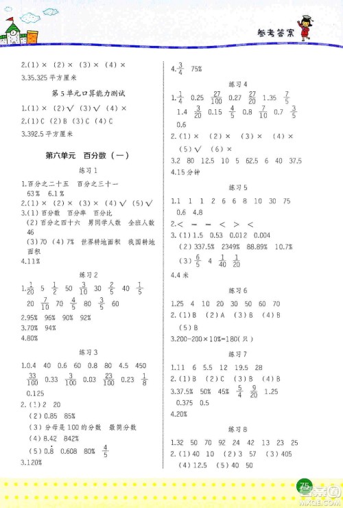 2019名师巧解小学生数学同步口算题卡应用题六年级上册人教版答案